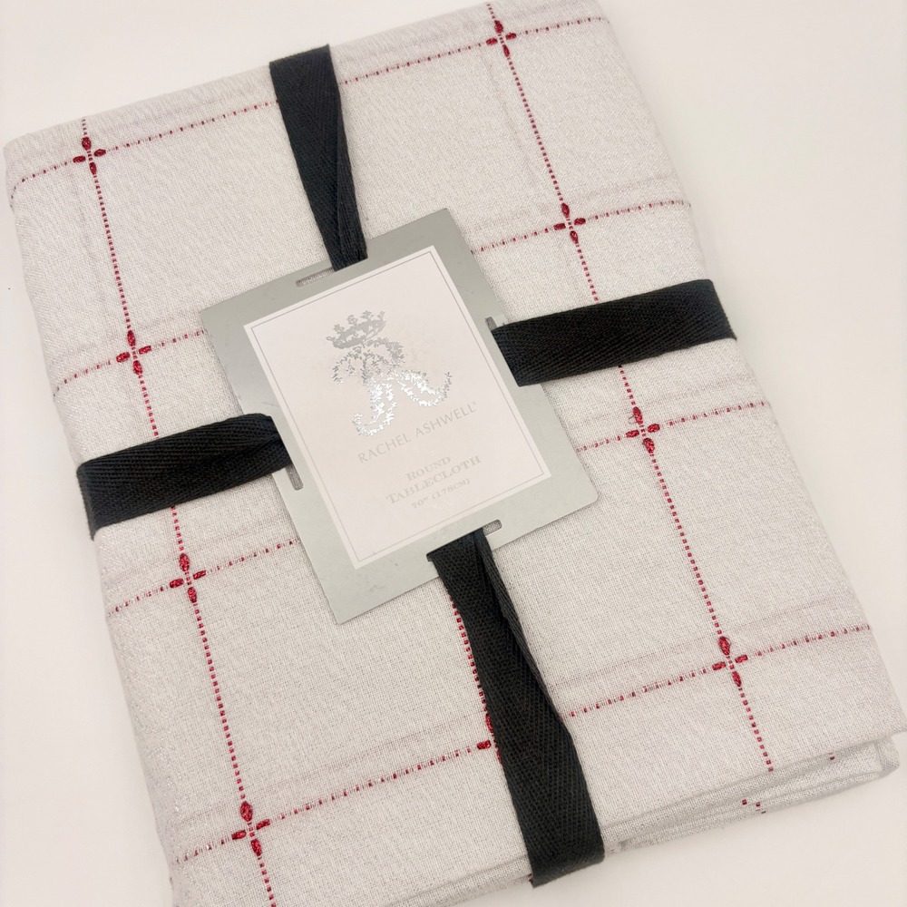Rachel Ashwell Round Tablecloth 70 Inch Silver Metallic Red Windowpane Grid NEW